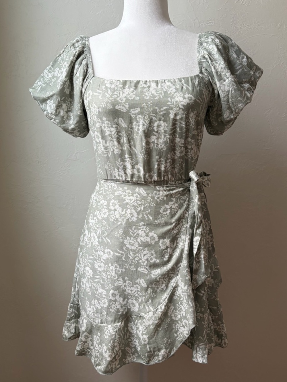 Trixxi Sage Floral Puff Sleeve Faux Wrap Mini Dress Cottagecore Small